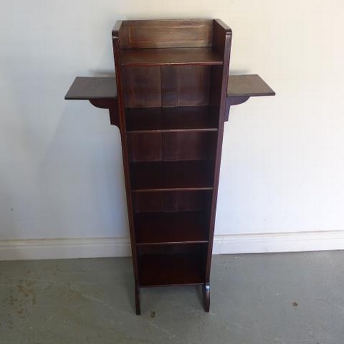 61 - An Edwardian mahogany box strung and cross banded inlaid open bookcase with bracketed side shelves -... 