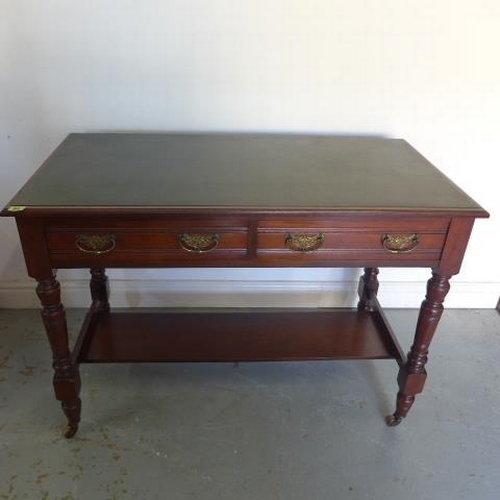 63 - A Victorian mahogany leather topped desk/side table with two frieze drawers and lower shelf - Height... 
