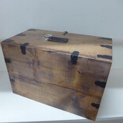 69 - A vintage polished pine box with metal corners and handle - 24cm x 44cm x 30cm