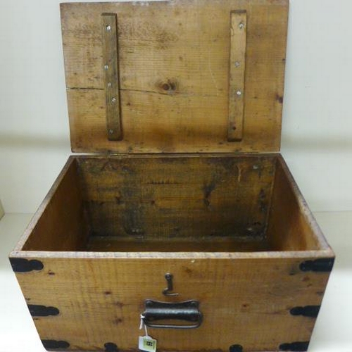 69 - A vintage polished pine box with metal corners and handle - 24cm x 44cm x 30cm