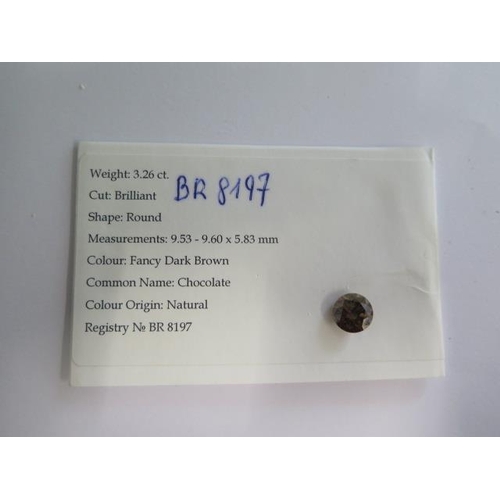 421 - A 3.26ct fancy round cut dark brown chocolate diamond single stone - 9.53mm x 9.60mm x 5.83mm - with... 