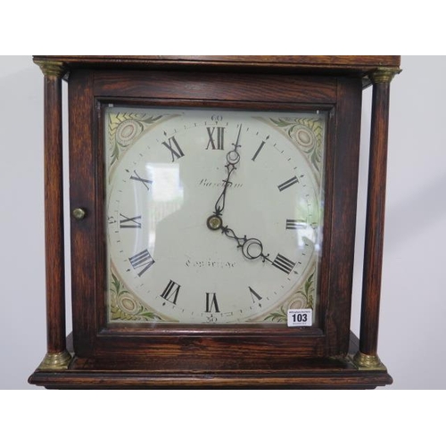 103 - An oak 30 hour long case clock with an 11 inch painted square dial signed Barcham Tonbridge with bir... 