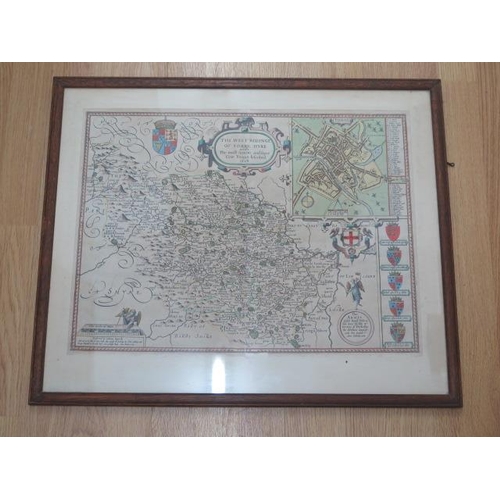 152 - A John Speede coloured map of The West Riding of Yorkshire in a double sided frame, frame size 52cm ... 