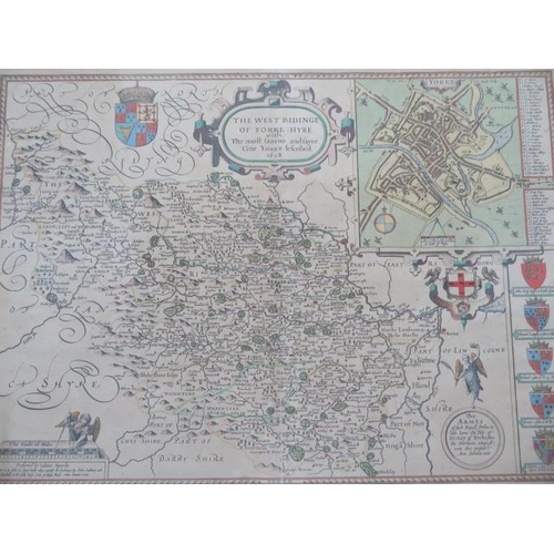 152 - A John Speede coloured map of The West Riding of Yorkshire in a double sided frame, frame size 52cm ... 