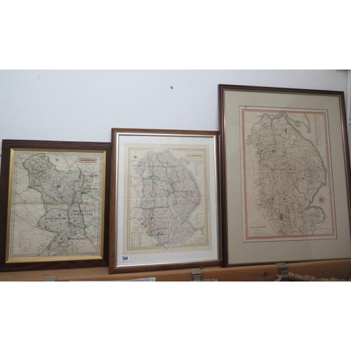 154 - Two framed coloured maps of Lincolnshire - Largest 76cm x 60cm and a coloured map of Derbyshire