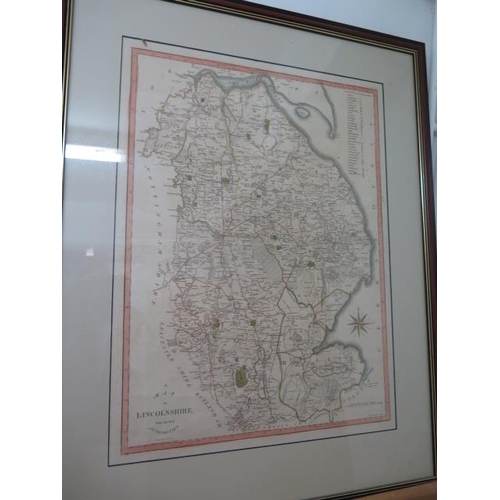 154 - Two framed coloured maps of Lincolnshire - Largest 76cm x 60cm and a coloured map of Derbyshire