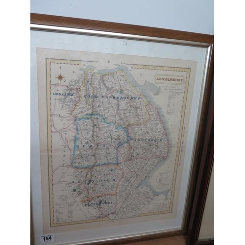 154 - Two framed coloured maps of Lincolnshire - Largest 76cm x 60cm and a coloured map of Derbyshire