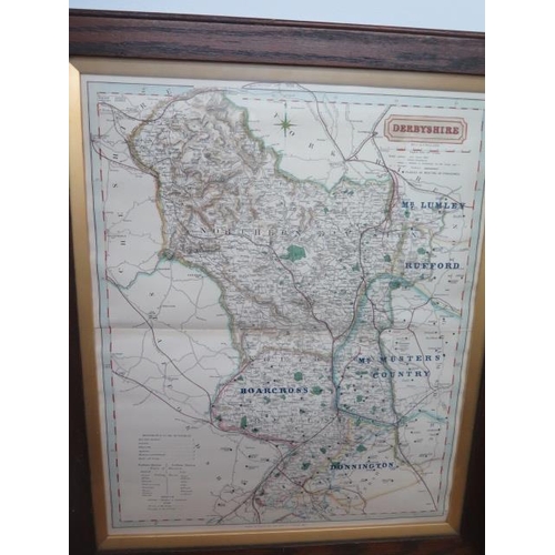 154 - Two framed coloured maps of Lincolnshire - Largest 76cm x 60cm and a coloured map of Derbyshire