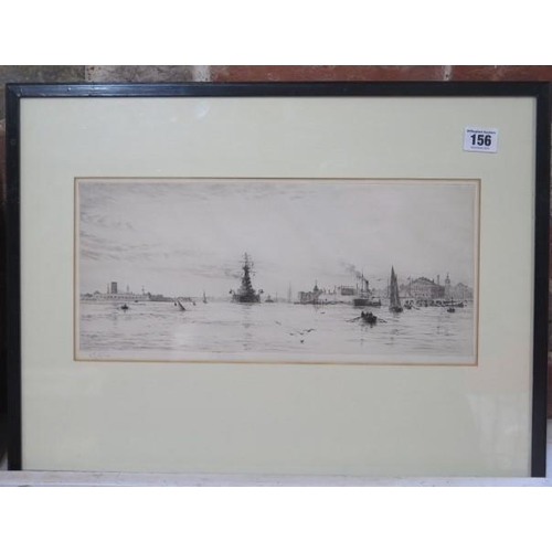 156 - William Lionel Wyllie 1851-1931 Etching signed in pencil Battleship at anchor in an ebonised frame, ... 