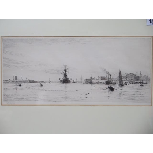 156 - William Lionel Wyllie 1851-1931 Etching signed in pencil Battleship at anchor in an ebonised frame, ... 