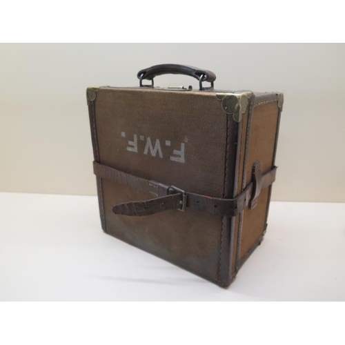 204 - A canvas and leather three section cartridge/shooting case with brass lock - 16cm x 26cm x 27cm