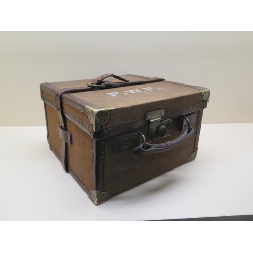 204 - A canvas and leather three section cartridge/shooting case with brass lock - 16cm x 26cm x 27cm