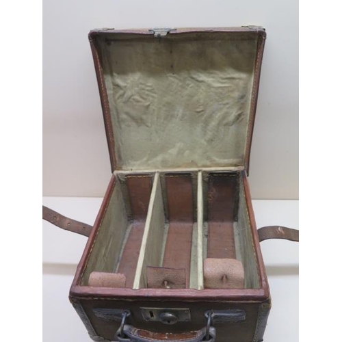 204 - A canvas and leather three section cartridge/shooting case with brass lock - 16cm x 26cm x 27cm