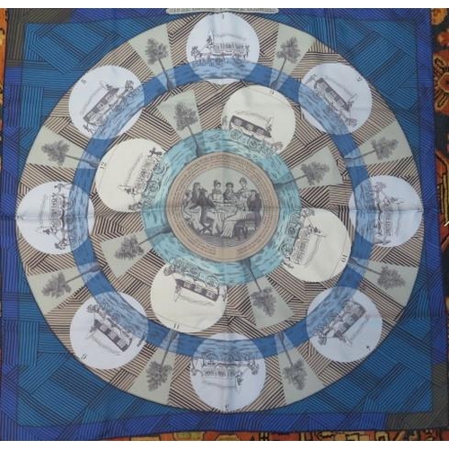 219 - A Hermes Paris Jeu Des Omnibus et Dames Blanches silk coaching scarf - 88cm - with box and carry bag... 