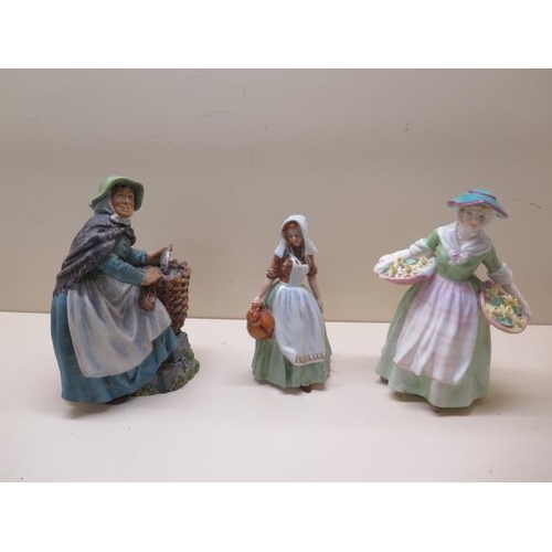 224 - Three Royal Doulton ladies - Old Meg HN 2494, The Milkmaid HN 2057 and Daffy Down Dilly HN 1712 - al... 