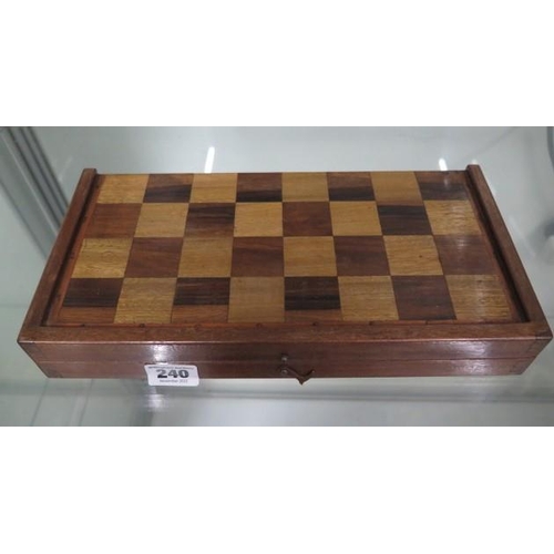 240 - An inlaid mahogany folding chess/draughts board box with a set of bakelite draughts - Size open 30cm... 