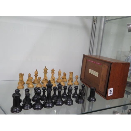 241 - A good early 1900 boxwood Staunton pattern chess set with mahogany box inscribed 1904 on inside lid ... 