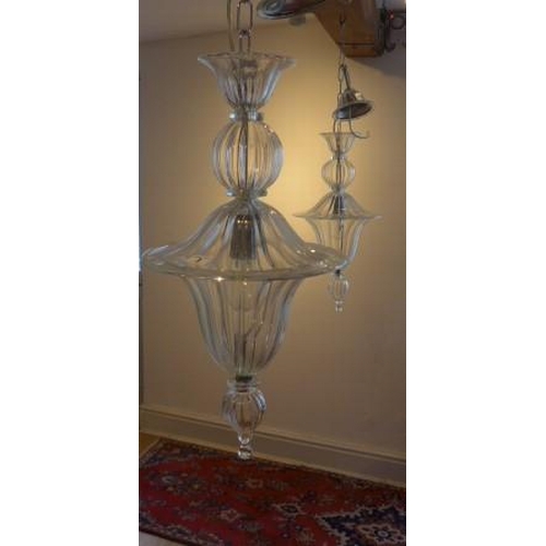 3 - A pair of modern glass bell hall lights - Height 57cm - and chain - good condition