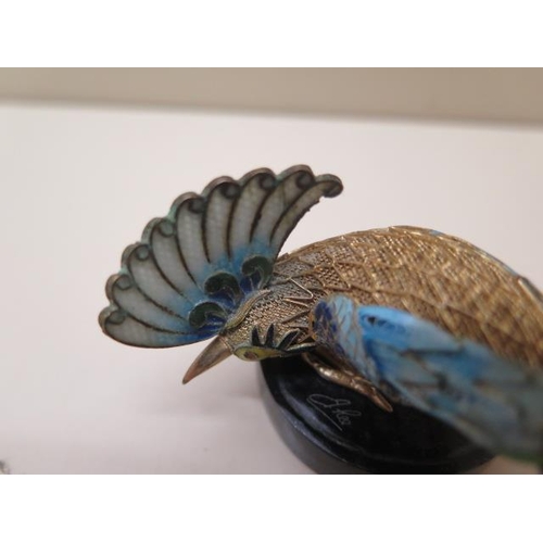 333 - A Chinese silver gilt and enamel model of a bird signed to top base - Length 18cm - some small crack... 