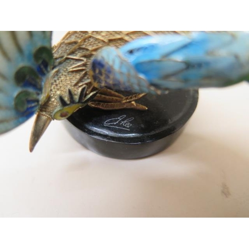 333 - A Chinese silver gilt and enamel model of a bird signed to top base - Length 18cm - some small crack... 