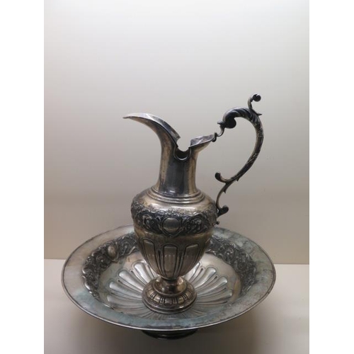 336 - A large Portuguese silver ewer jug - Height 47cm - and matching bowl - Height 14cm x Diameter 46cm -... 