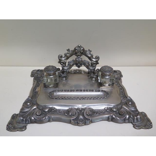 339 - A Portugese silver ornate two bottle desk stand - 42cm x 32cm - weight of stand approx 59.5 troy oz ... 