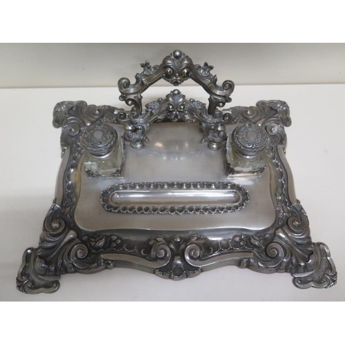 339 - A Portugese silver ornate two bottle desk stand - 42cm x 32cm - weight of stand approx 59.5 troy oz ... 