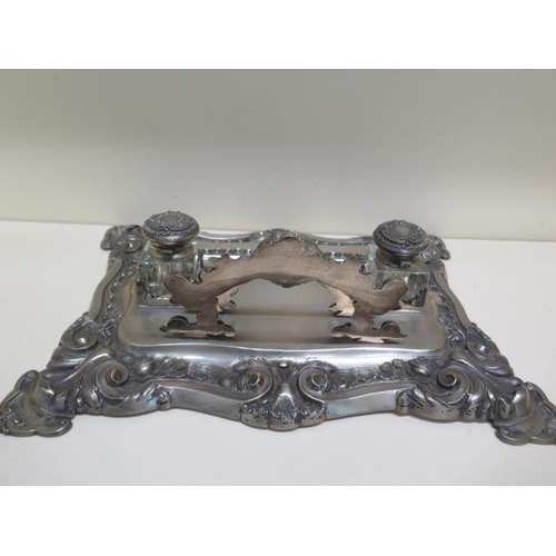 339 - A Portugese silver ornate two bottle desk stand - 42cm x 32cm - weight of stand approx 59.5 troy oz ... 