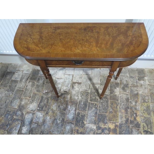 35 - A new burr walnut D shaped hall table with a drawer on turned reeded legs made by a local craftsman ... 