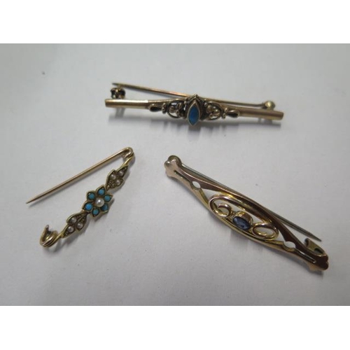 419 - Three gilt metal bar brooches, surface test to approx 9ct gold - total weight approx 7 grams