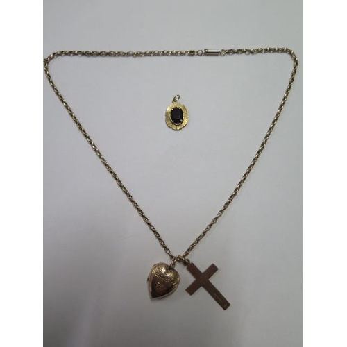 436 - A 9ct yellow gold chain - Length 46cm - a 9ct crucifix, 9ct locket and a 9ct pendant - total weight ... 