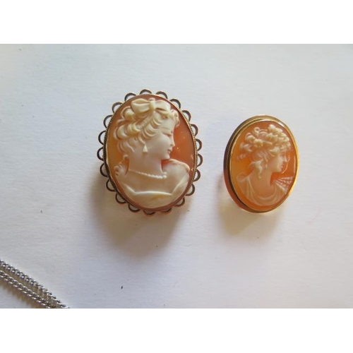 449 - Two 9ct gold cameo brooches and a silver cameo and necklace