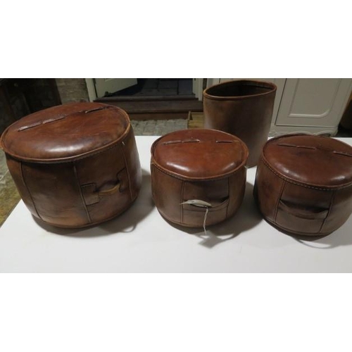 45 - A set of three vintage leather pouffes in tobacco leather and waste paper bin - in good condition - ... 