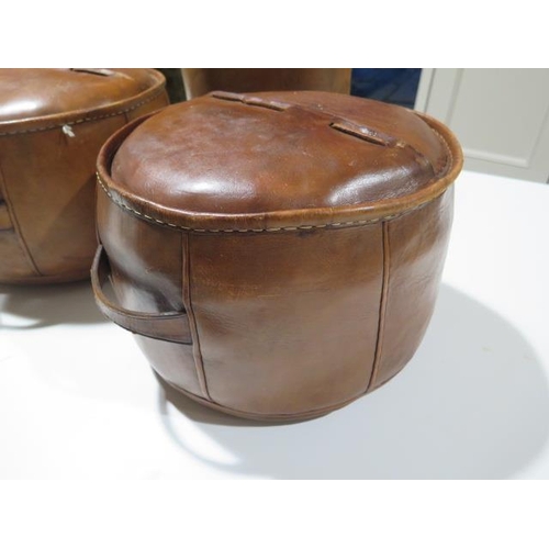 45 - A set of three vintage leather pouffes in tobacco leather and waste paper bin - in good condition - ... 