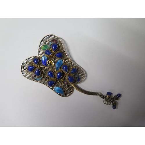 461 - A Chinese silver gilt and Lapis enamelled brooch in the shape of a fan - Length 8cm - in good condit... 