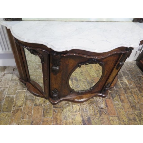 51 - A good Victorian walnut mirror back cabinet/sideboard with a shaped white marble top over three mirr... 