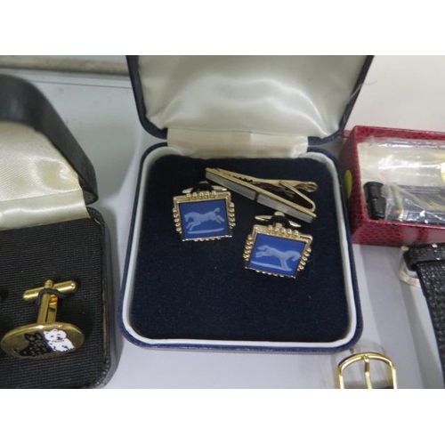 546 - A collection of gents costume jewellery including silver cufflinks, 2 Montine watches, golf scorer e... 