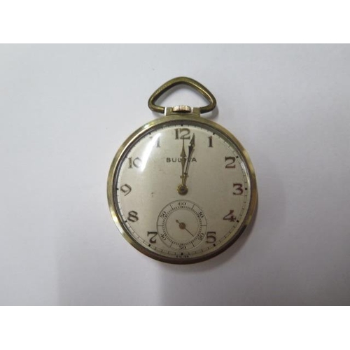 552 - A Bulova top wind gold plated pocket watch - 44mm case - running, hands adjust, top ring worn