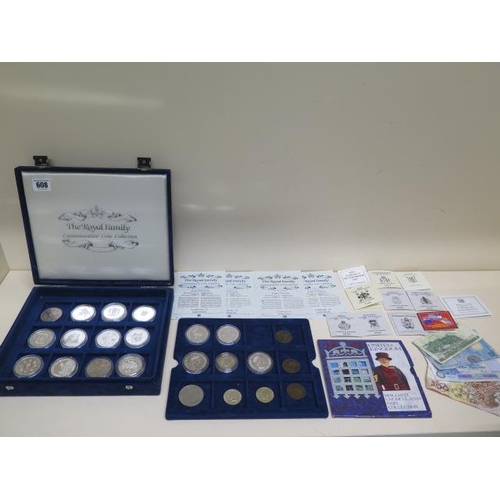 608 - 14 silver proof coins with certificates, assorted other coinage, bank notes and a presentation set