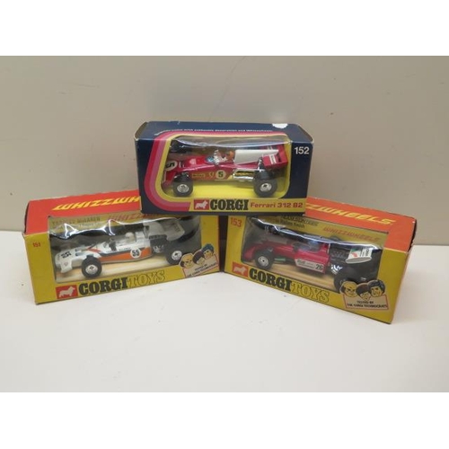 655 - Three boxed Corgi Whizzwheels F1 Racing Cars Ferrari 312 B2, Yardley McLaren M19A and T.S 9B Team Su... 