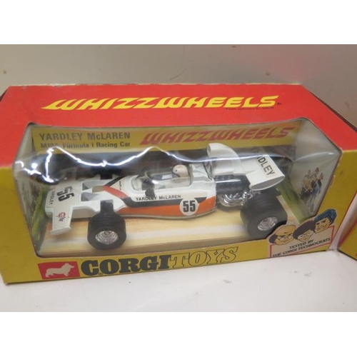 655 - Three boxed Corgi Whizzwheels F1 Racing Cars Ferrari 312 B2, Yardley McLaren M19A and T.S 9B Team Su... 