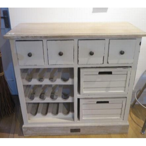 467 - A shabby chic wine rack with four small drawers and two boxes - Height 80cm x 85cm x 38cm