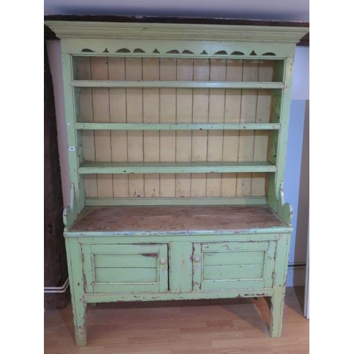 508 - A Georgian painted pine dresser with an open rack top above two cupboard doors - Height 202cm x 152c... 