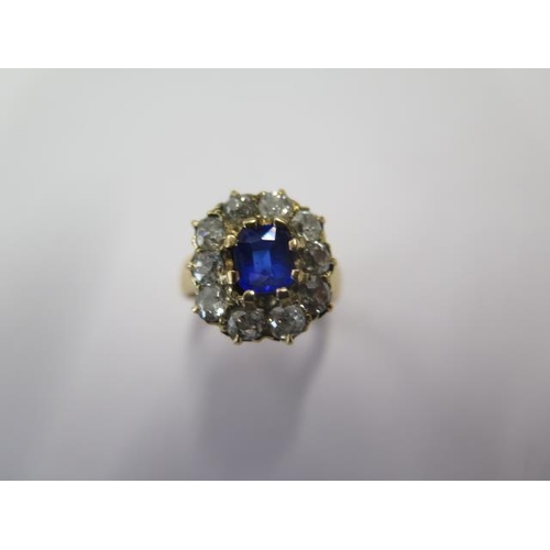 54 - An 18ct yellow gold diamond and synthetic sapphire cluster ring with a screw off head approx 15mm x ... 