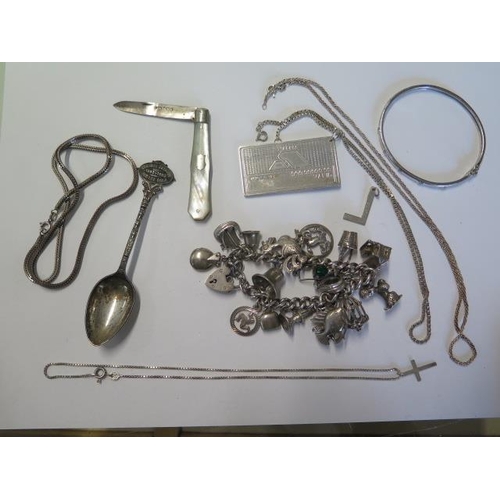 148 - A small selection of silver and white metal jewellery etc including a charm bracelet