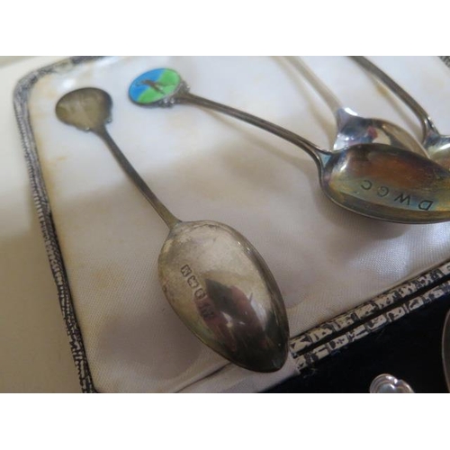 168 - Seven silver golfing spoons, three silver enamel golfing spoons and eleven other silver spoons - tot... 