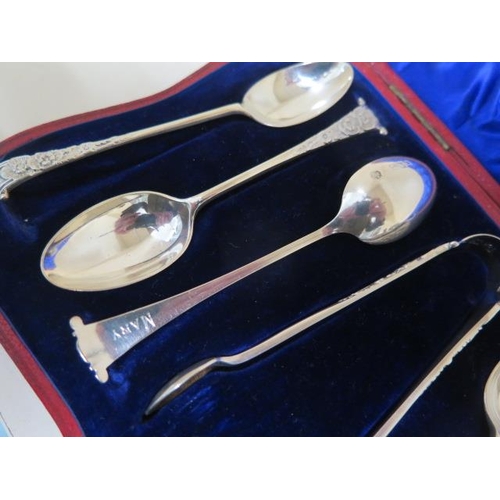 182 - Three boxed sets of silver spoons, a part set of enamel and silver spoons, a posy holder and a pair ... 