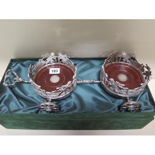 183 - A boxed Hugh Johnson two bottle Bacchanal plated carriage coaster - Length 40cm - and a Hugh Johnson... 