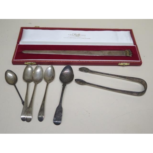 184 - A silver letter opener, boxed - length 24cm - five silver spoons and a nip - total weight approx 4.7... 