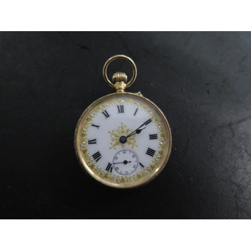 218 - A 10ct 625 gold top wind pocket watch - 33mm case - with enamel dial - in running order - approx wei... 